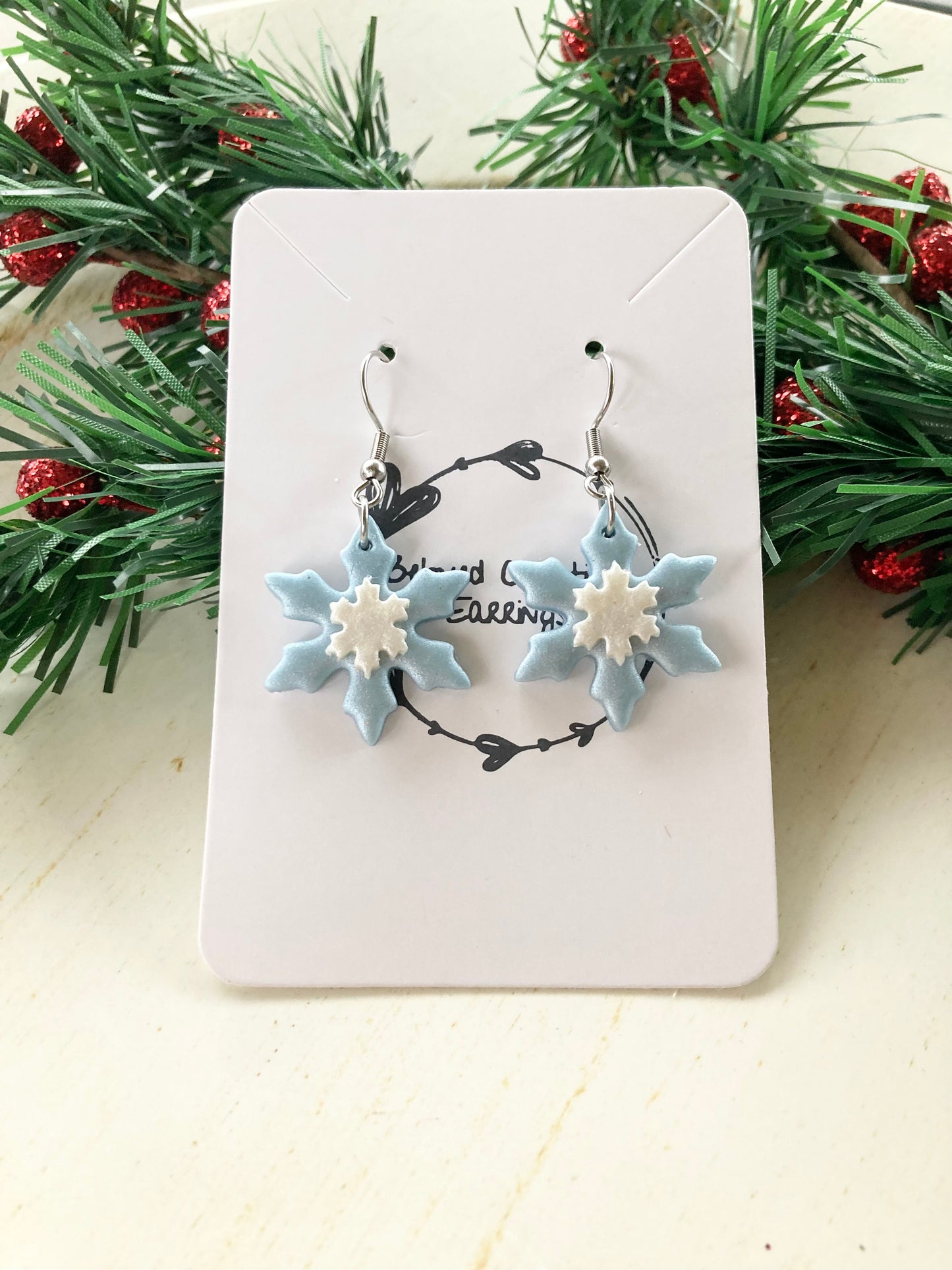 Blue and White Clay Snowflake Earrings