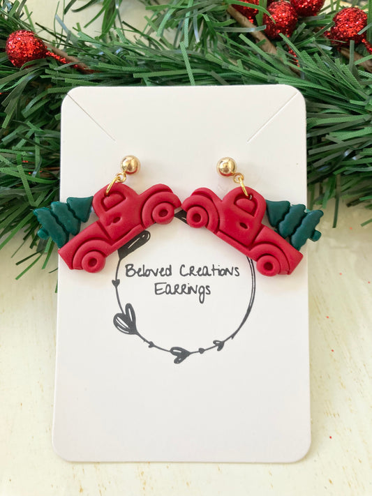 Red Christmas Truck Clay Earrings
