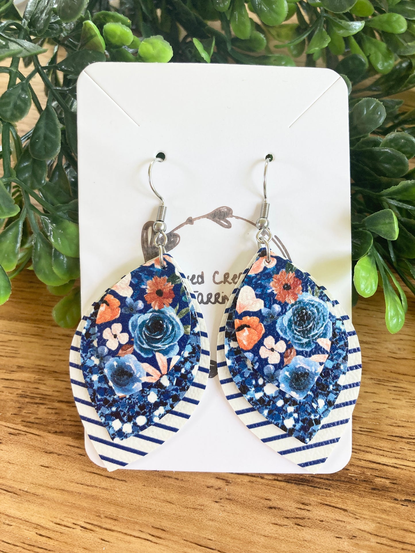 Blue Striped Floral Earrings