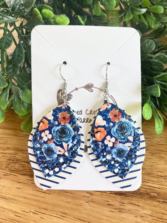 Blue Striped Floral Earrings