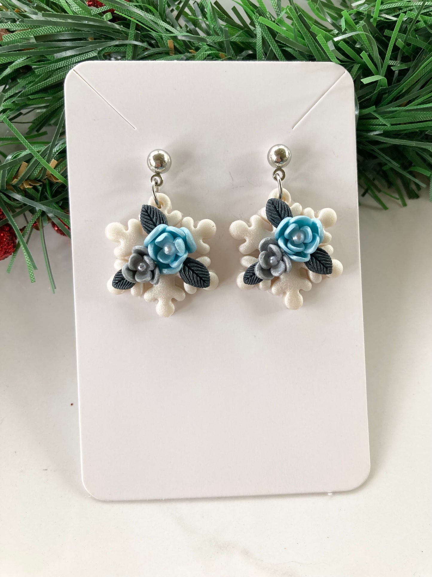 Winter Floral Clay Snowflake Earrings