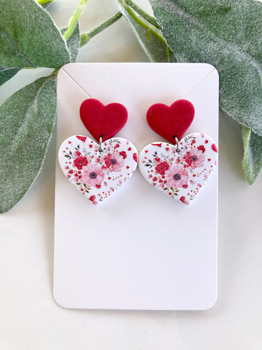 Red Floral Heart Clay Earrings