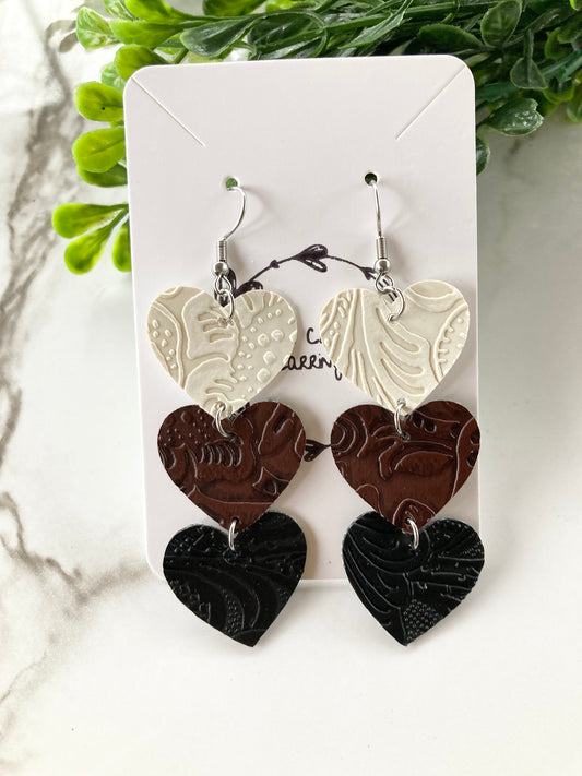 White, Brown, Black Heart Earrings