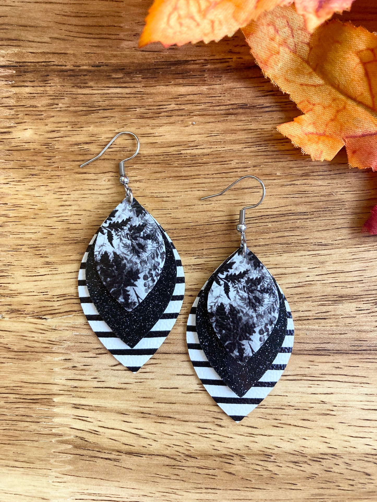 Black and White Stripes and Leaves Earrings