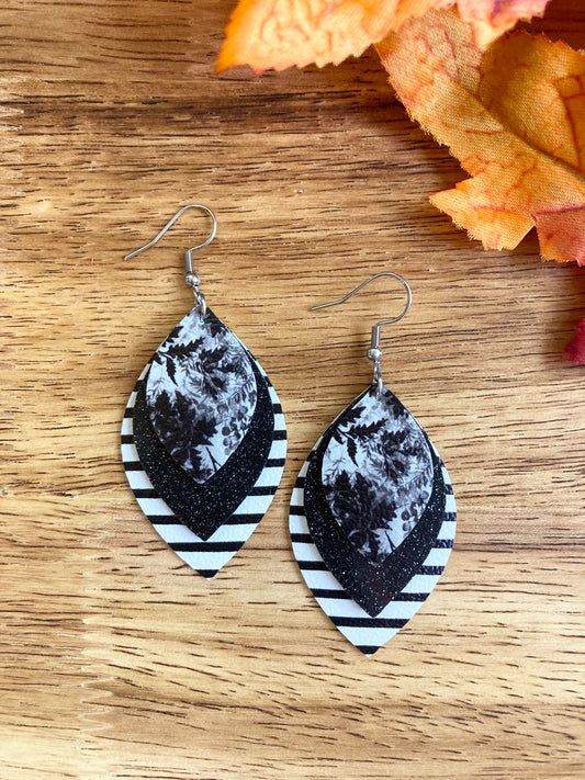 Black and White Stripes and Leaves Earrings