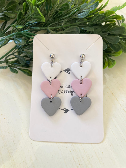 White, Pink, Gray Clay Heart Earrings
