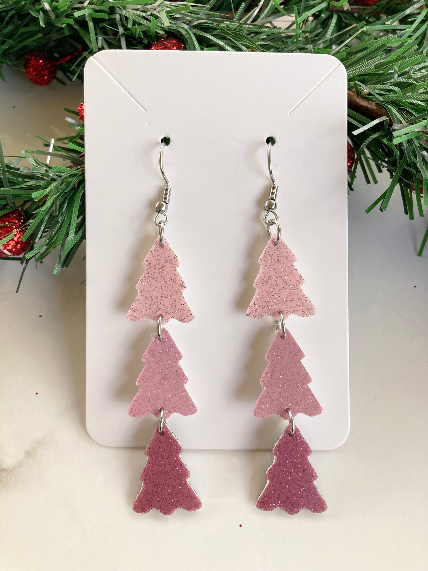Pink Glitter Tree Earrings