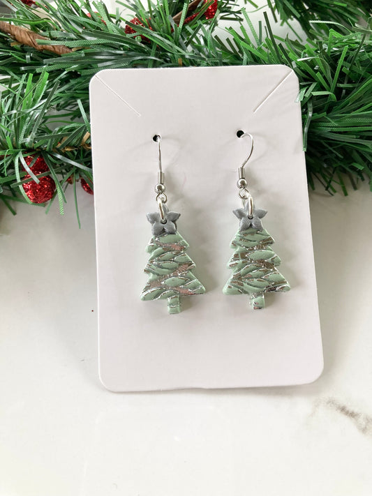 Light Green and Silver Clay Tree Earrings