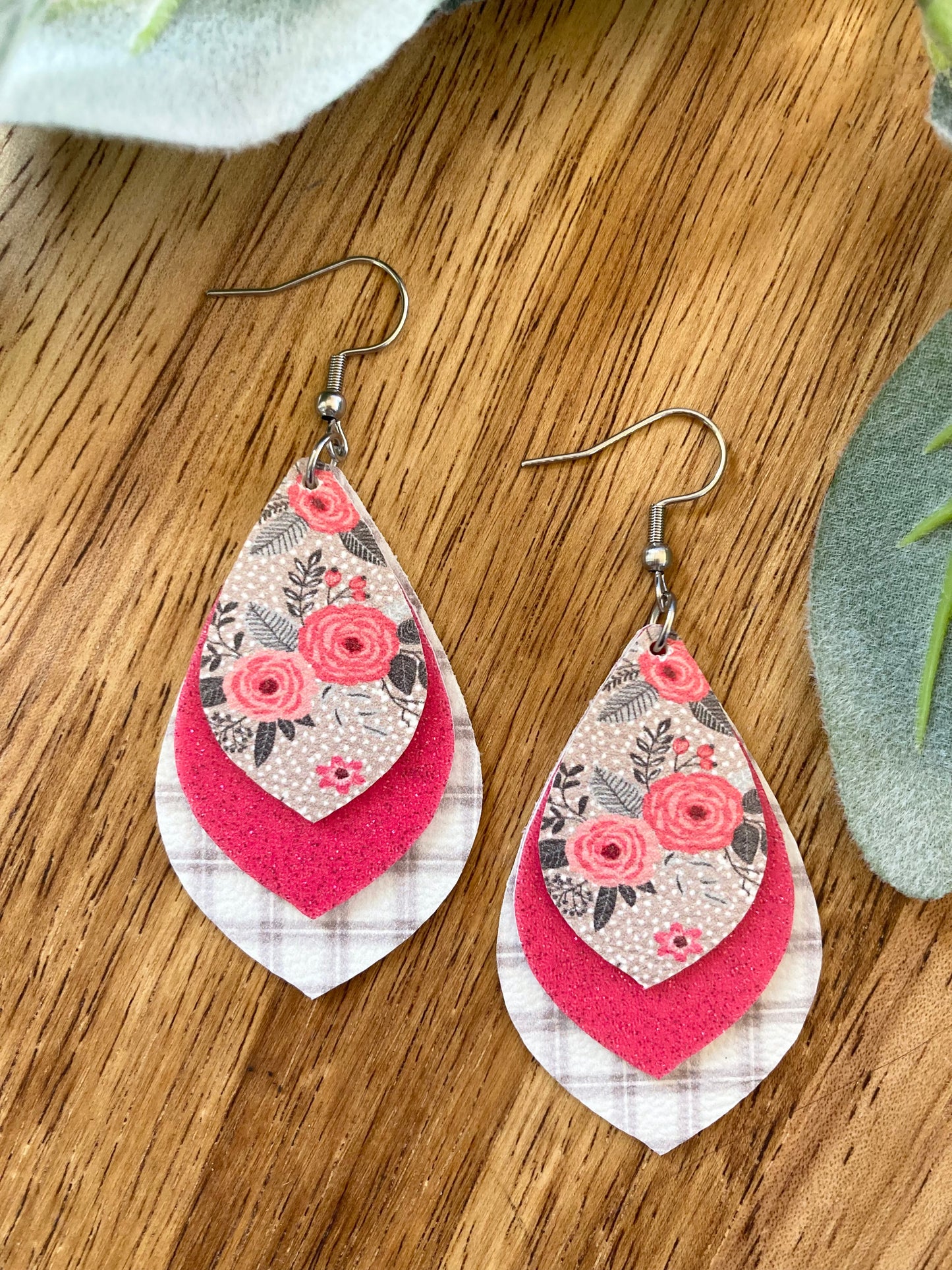 Gray and Pink Floral Earrings