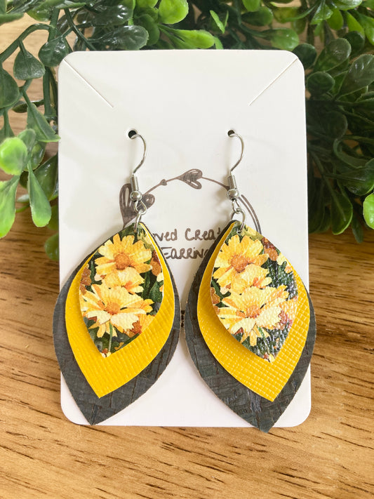 Blue Cork And Yellow Floral Earrings