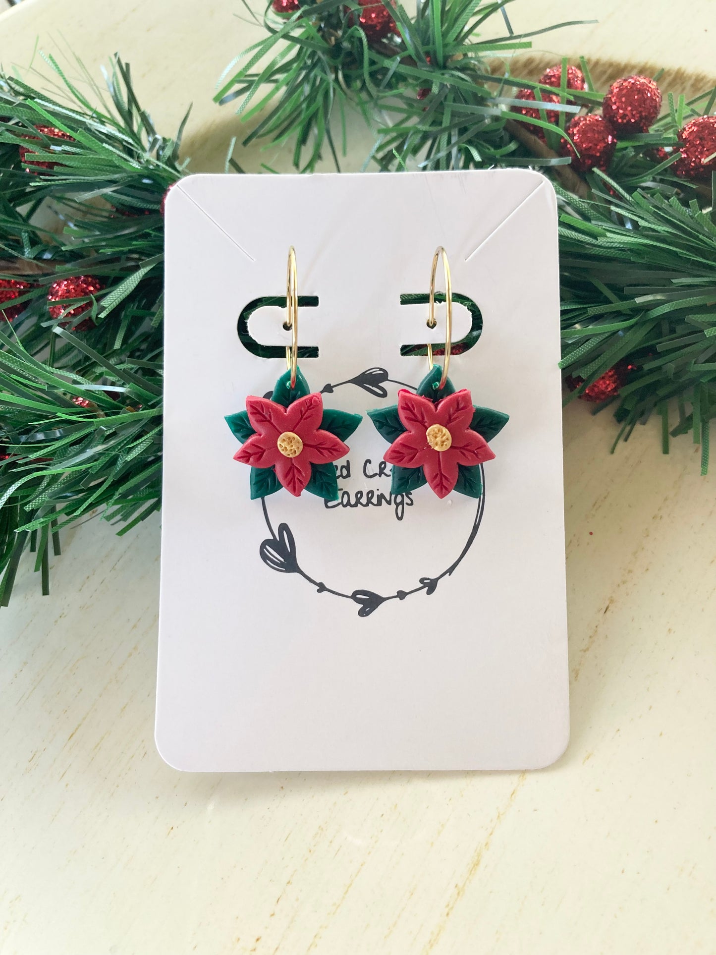 Clay Poinsettia Hoop Earrings