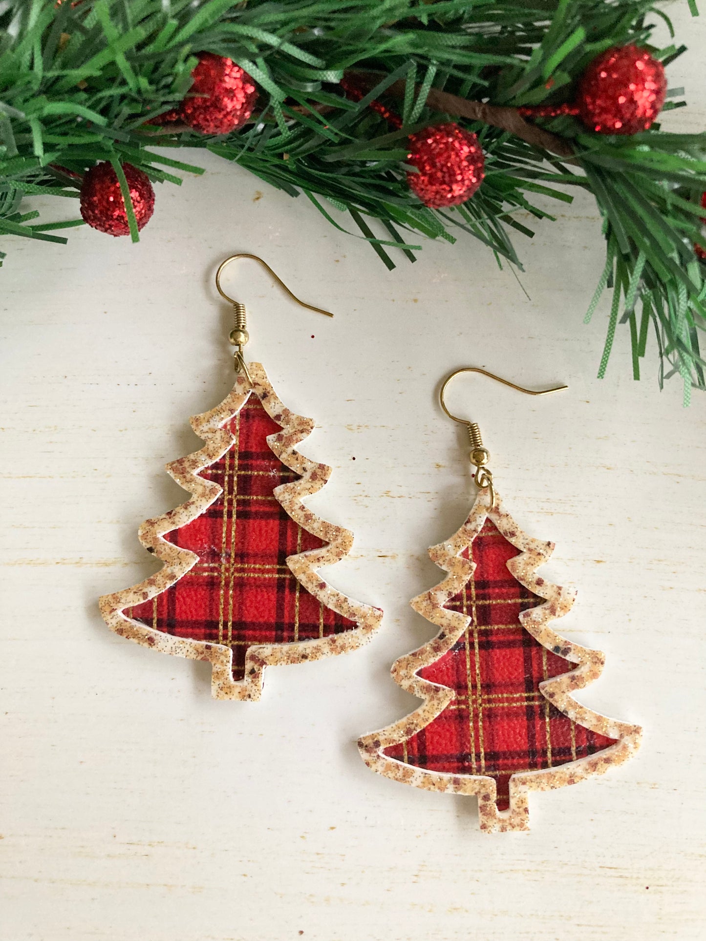 Red Plaid Tree Earrings