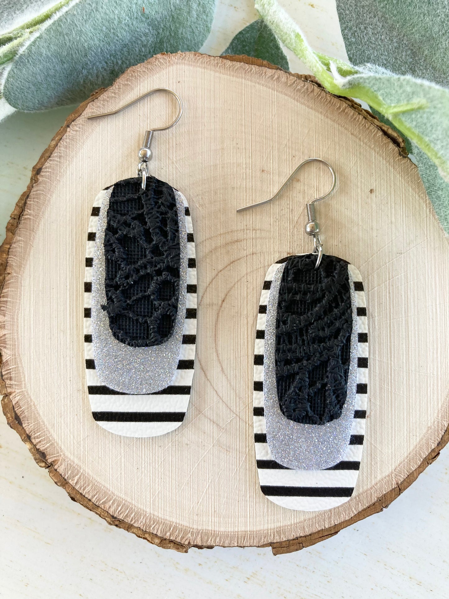 Black Striped and Silver Earrings