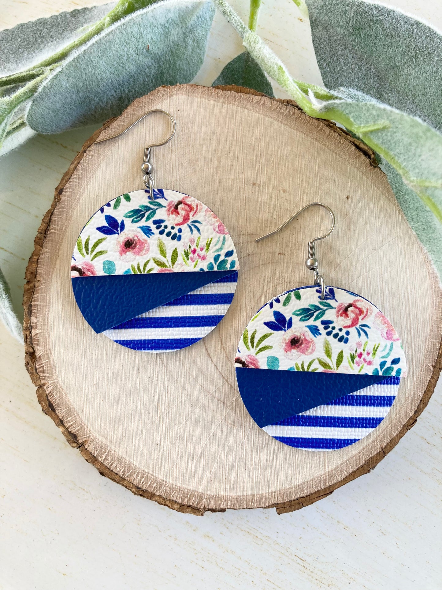 Blue Striped Flower Earrings