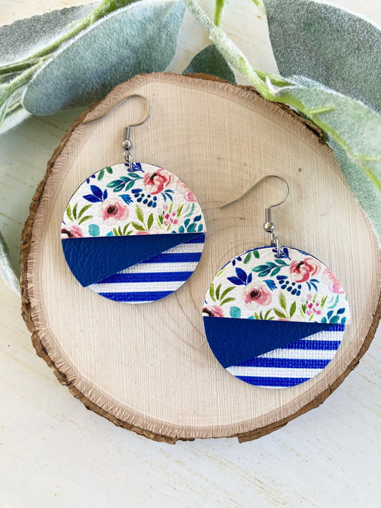 Blue Striped Flower Earrings