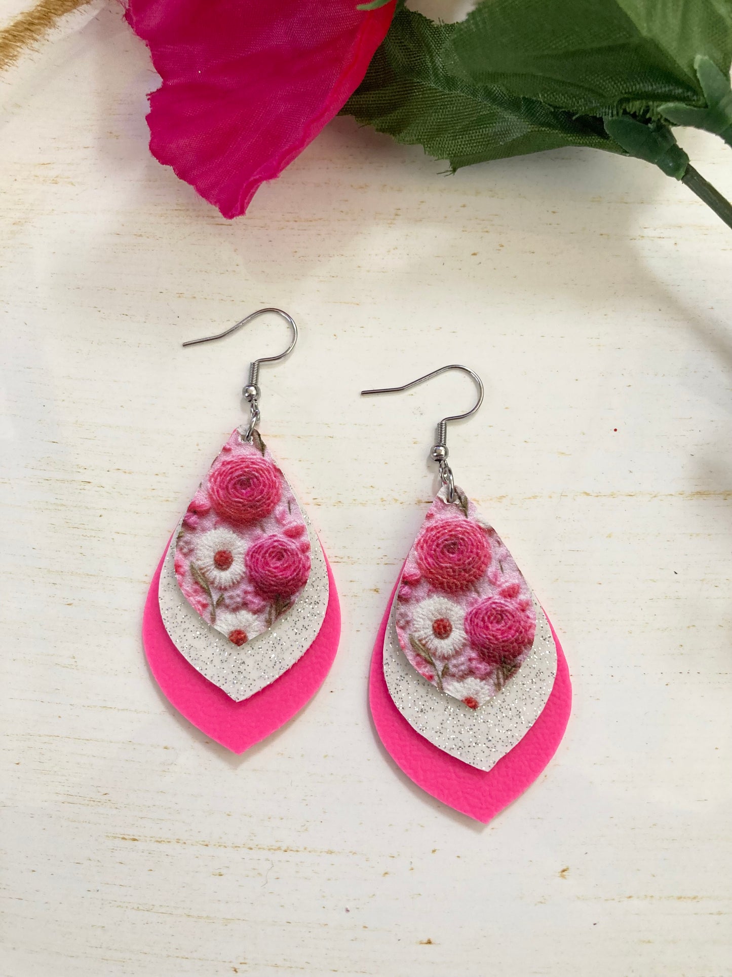 Bright Pink Floral Earrings