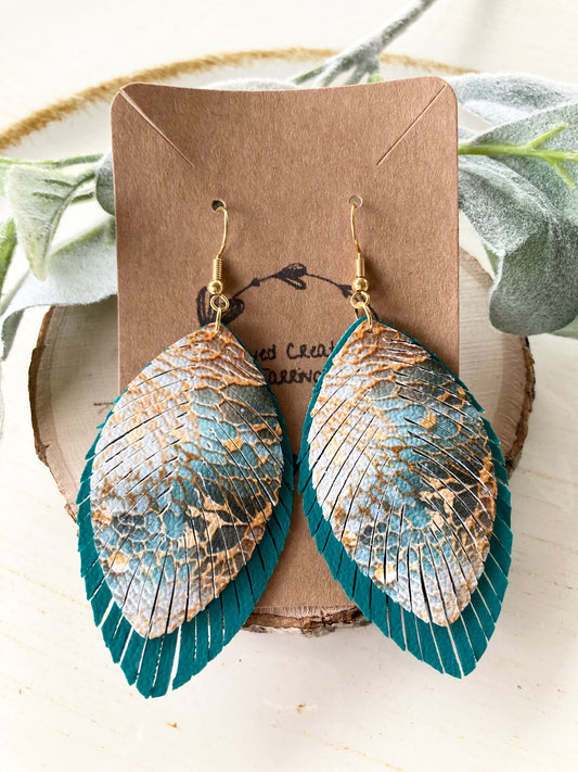 Gold and Teal Fringe Earrings