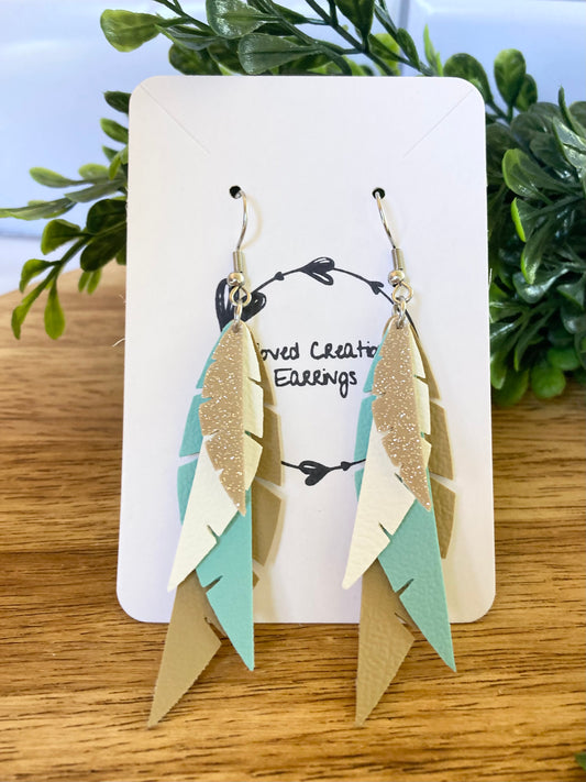 Tan and Blue Feather Earrings