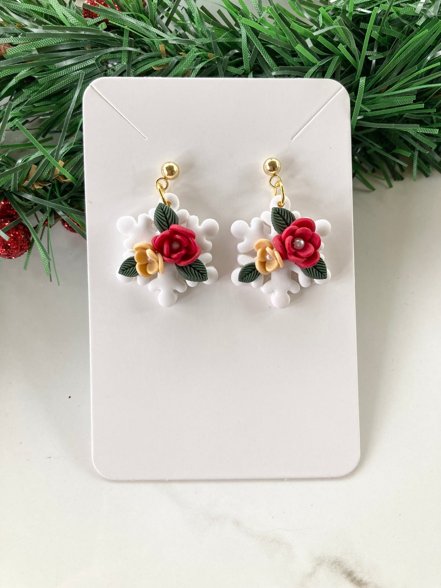 Christmas Floral Clay Snowflake Earrings