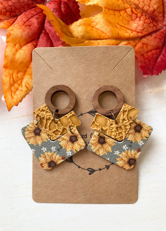 Wood Stud Sunflower Earrings