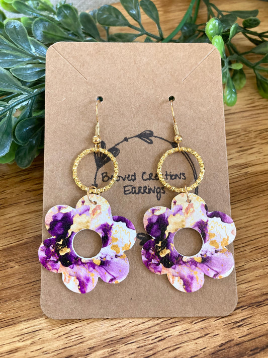 Purple Gold Flower Hoop Earrings