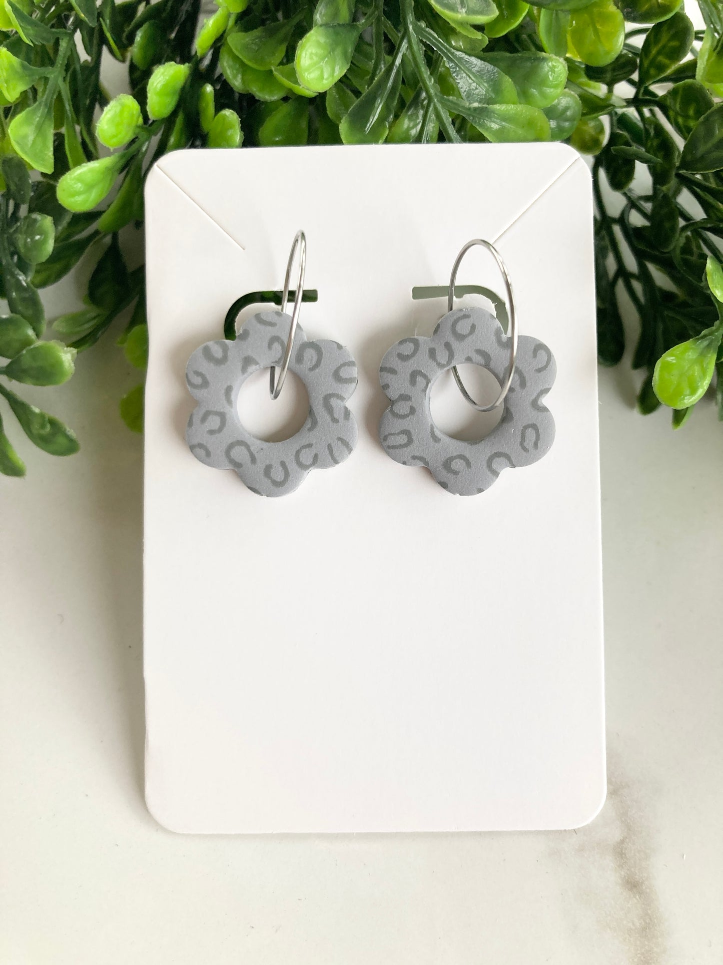 Gray Leopard Clay Flower Earrings