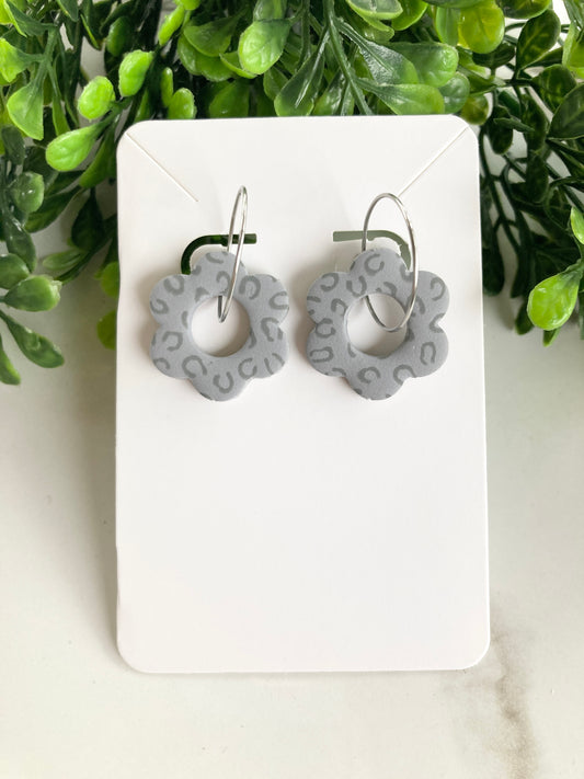 Gray Leopard Clay Flower Earrings
