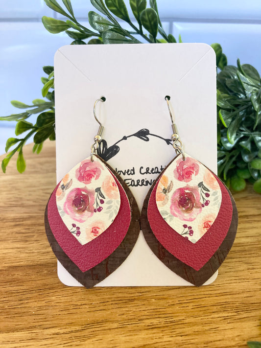 Maroon Floral and Cork Earrings