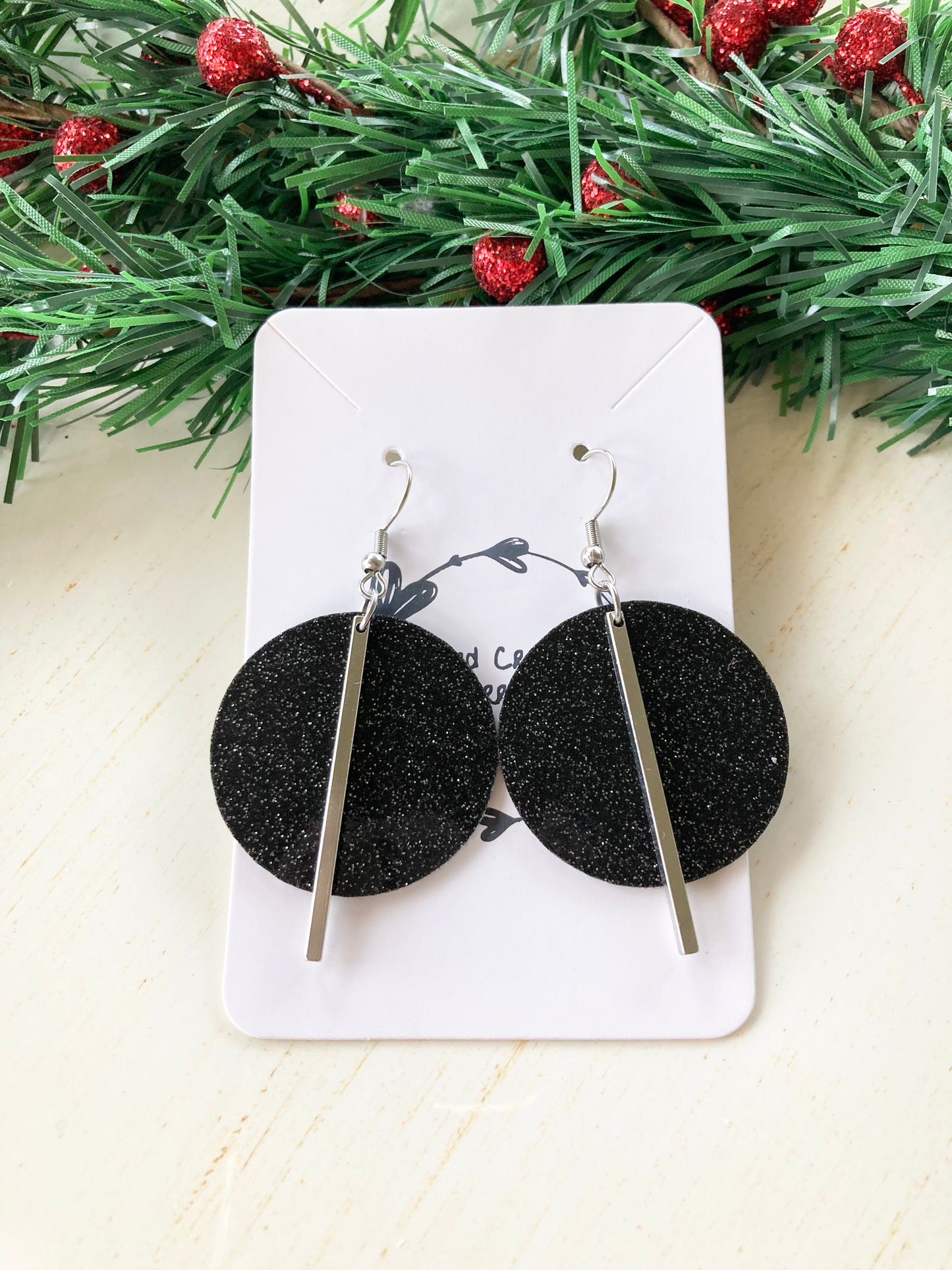 Black Glitter Circle Earrings