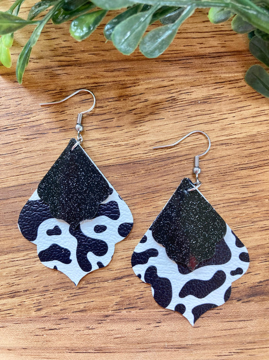 Black Glitter Cow Print Earrings