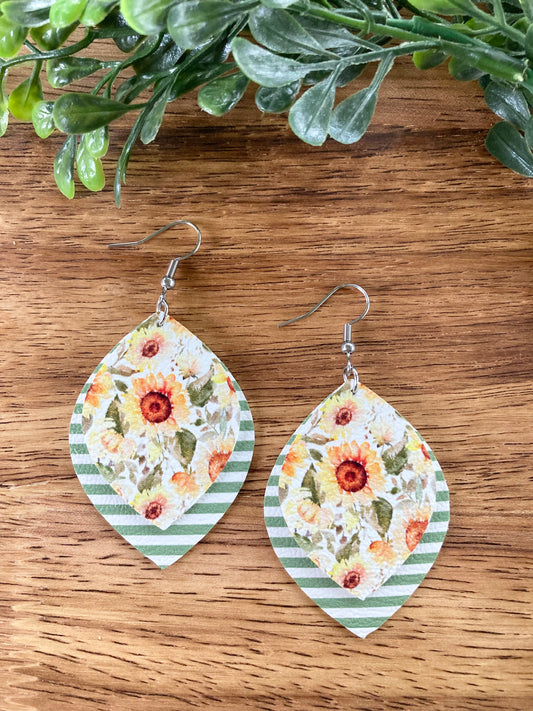 Green Striped Sunflower Earrings