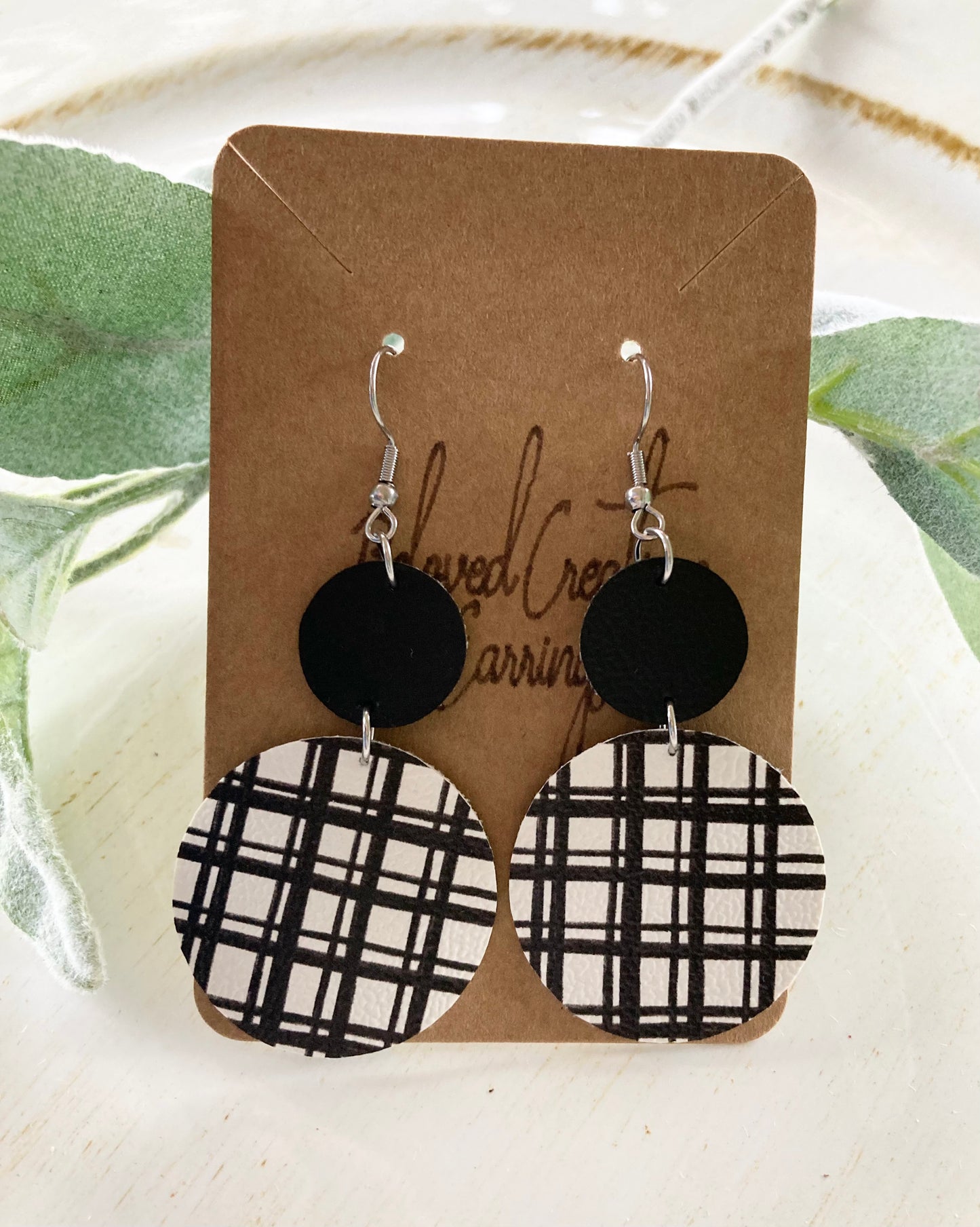 Black Plaid Circle Earrings