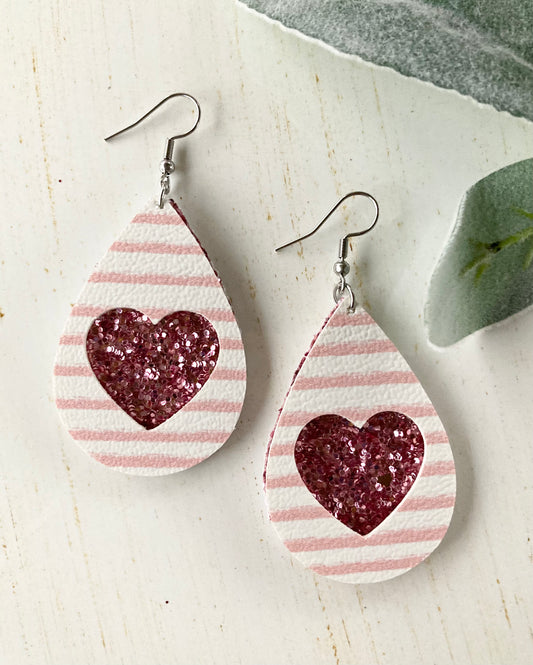 Pink Striped Heart Earrings