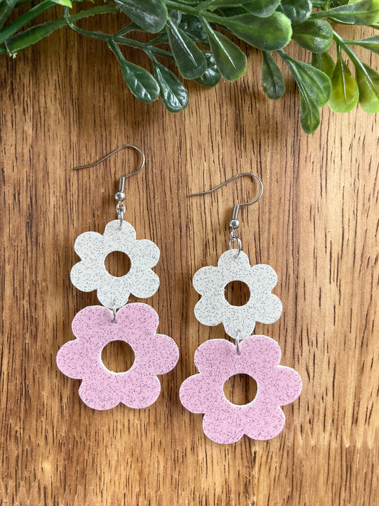 Pink and White Flower Earrings